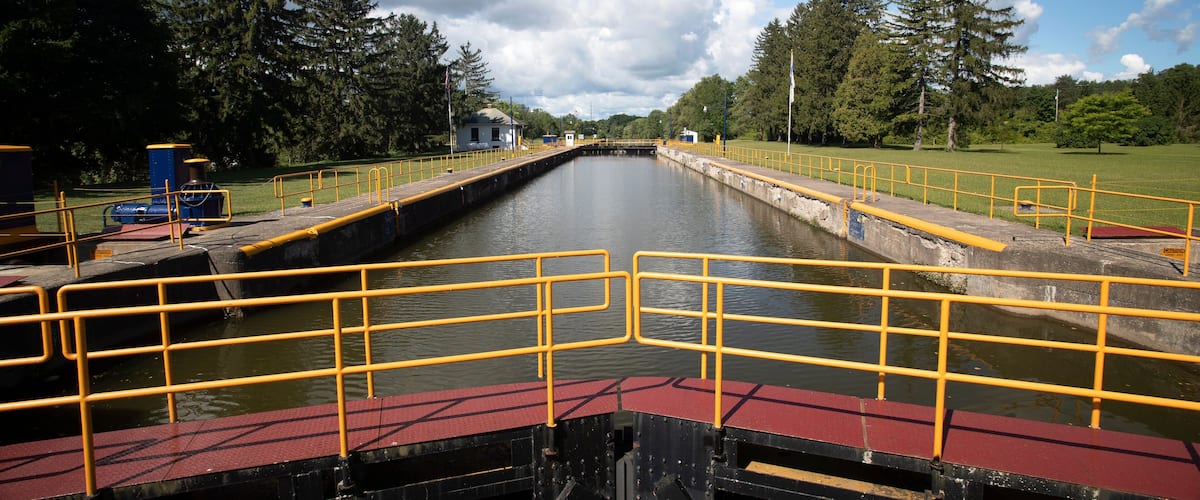 Erie Canal Palmra New York locks control room. East west man made transportation waterway 363 miles long built 1825. 34 locks to raise and lower boats and barges.