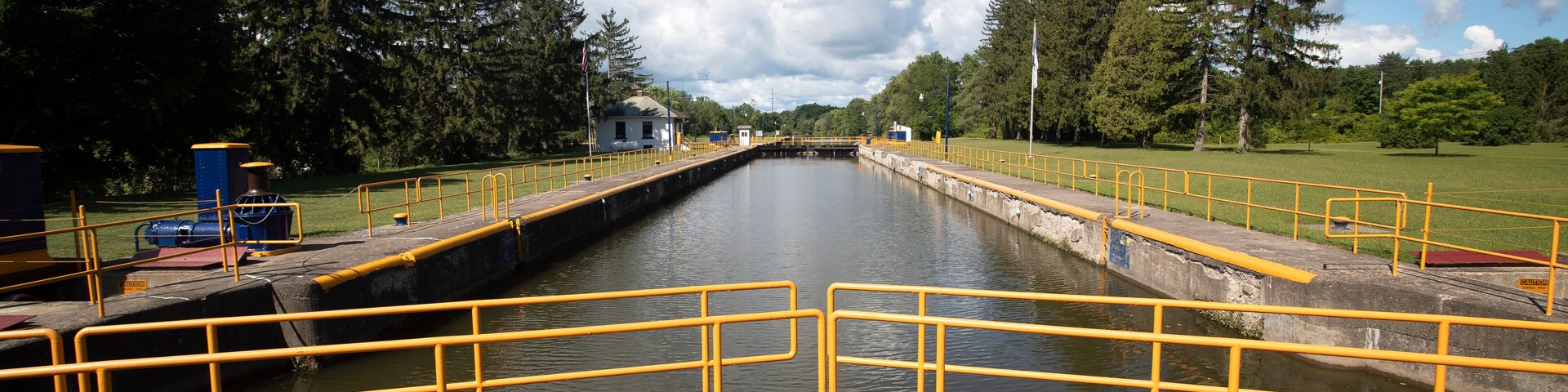 Erie Canal Palmra New York locks control room. East west man made transportation waterway 363 miles long built 1825. 34 locks to raise and lower boats and barges.