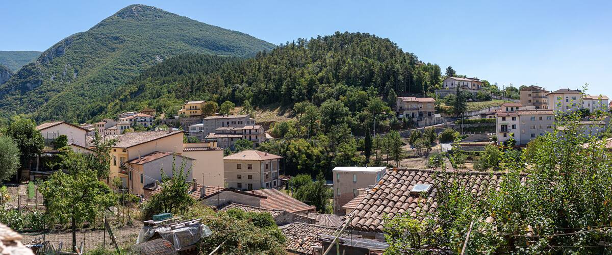 A hillside village with terracotta-roofed houses, lush green trees, and a mountain in the background.