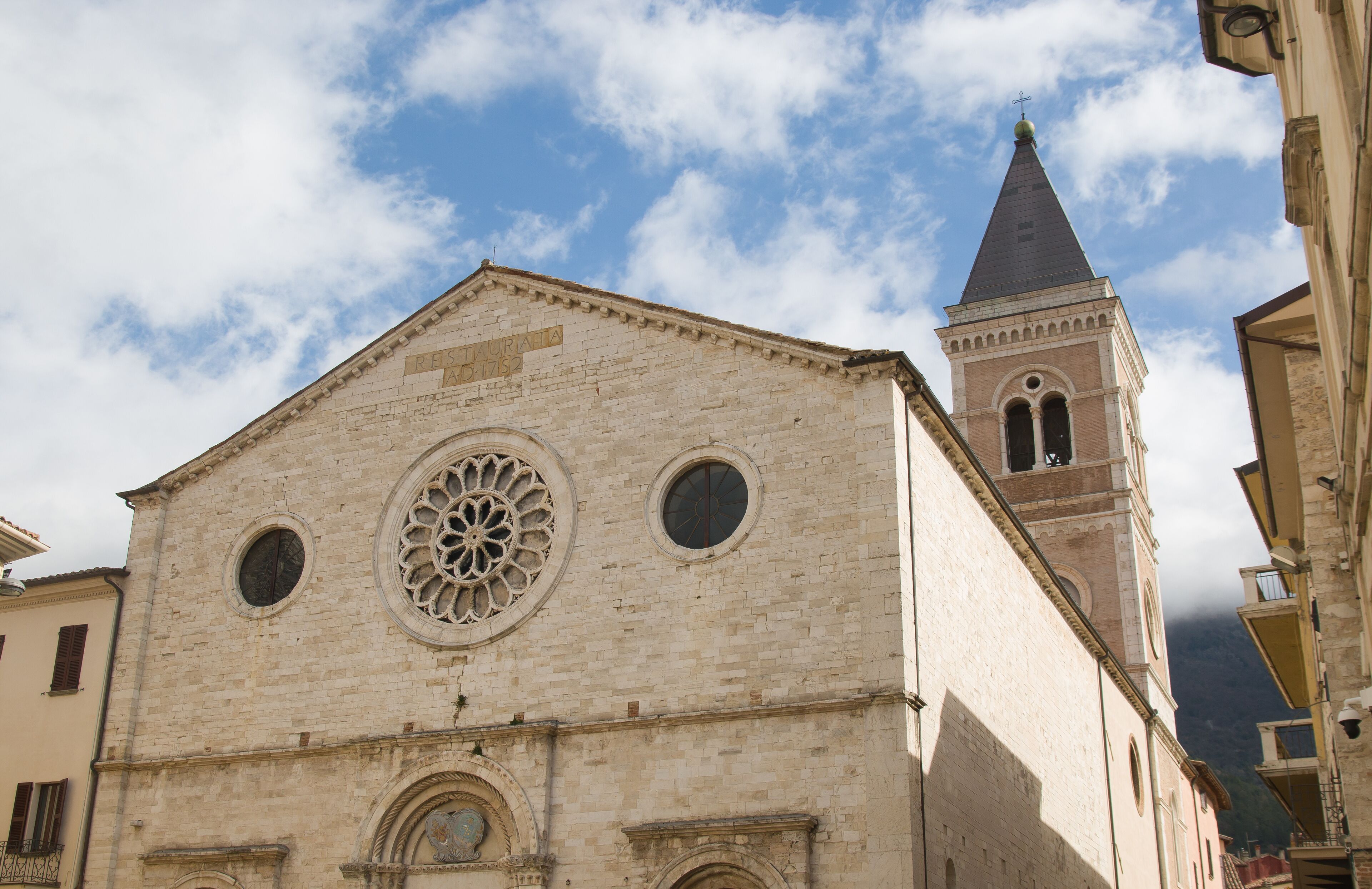 View of the cathedral in the historic center of Gualdo Tadino, Umbria, Italy
