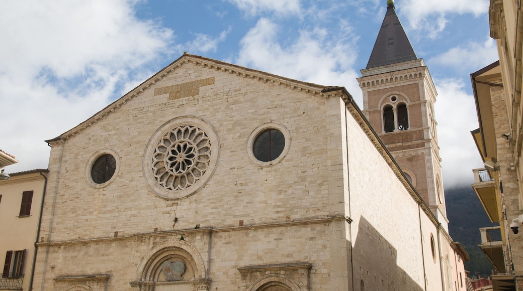 View of the cathedral in the historic center of Gualdo Tadino, Umbria, Italy