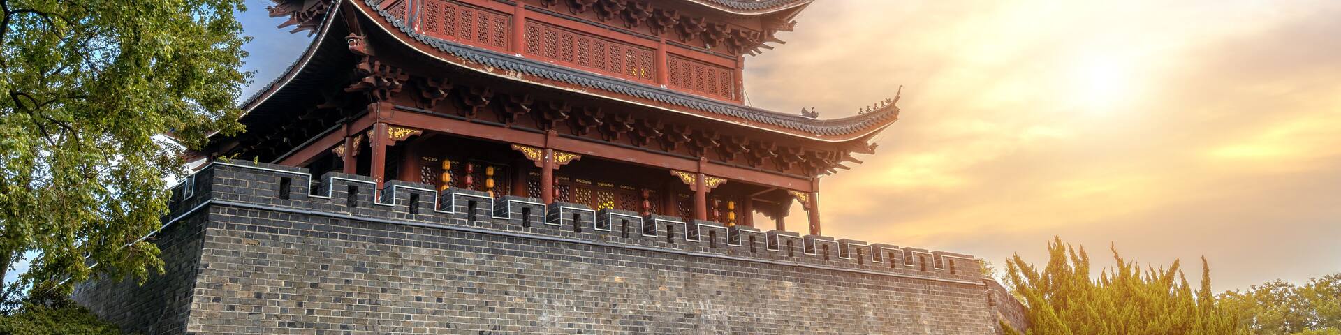 Ruins of Chinese-style city towers, Yueyang, China.