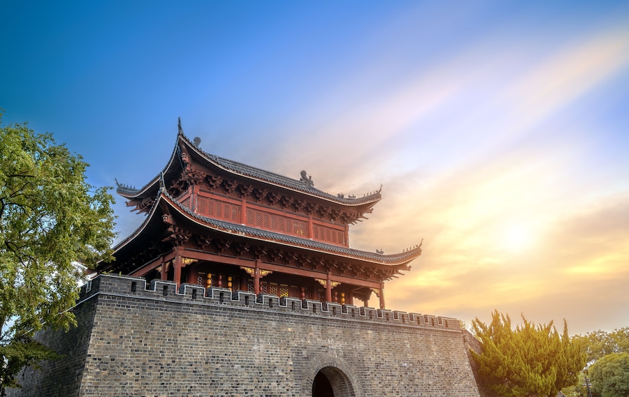 Ruins of Chinese-style city towers, Yueyang, China.