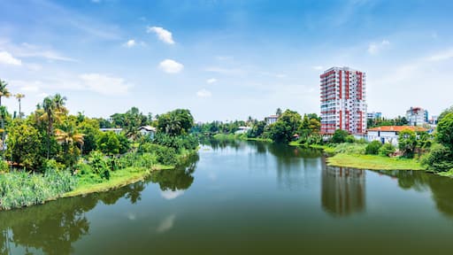 Panoramic river view and cityscapes of Kerala, India.