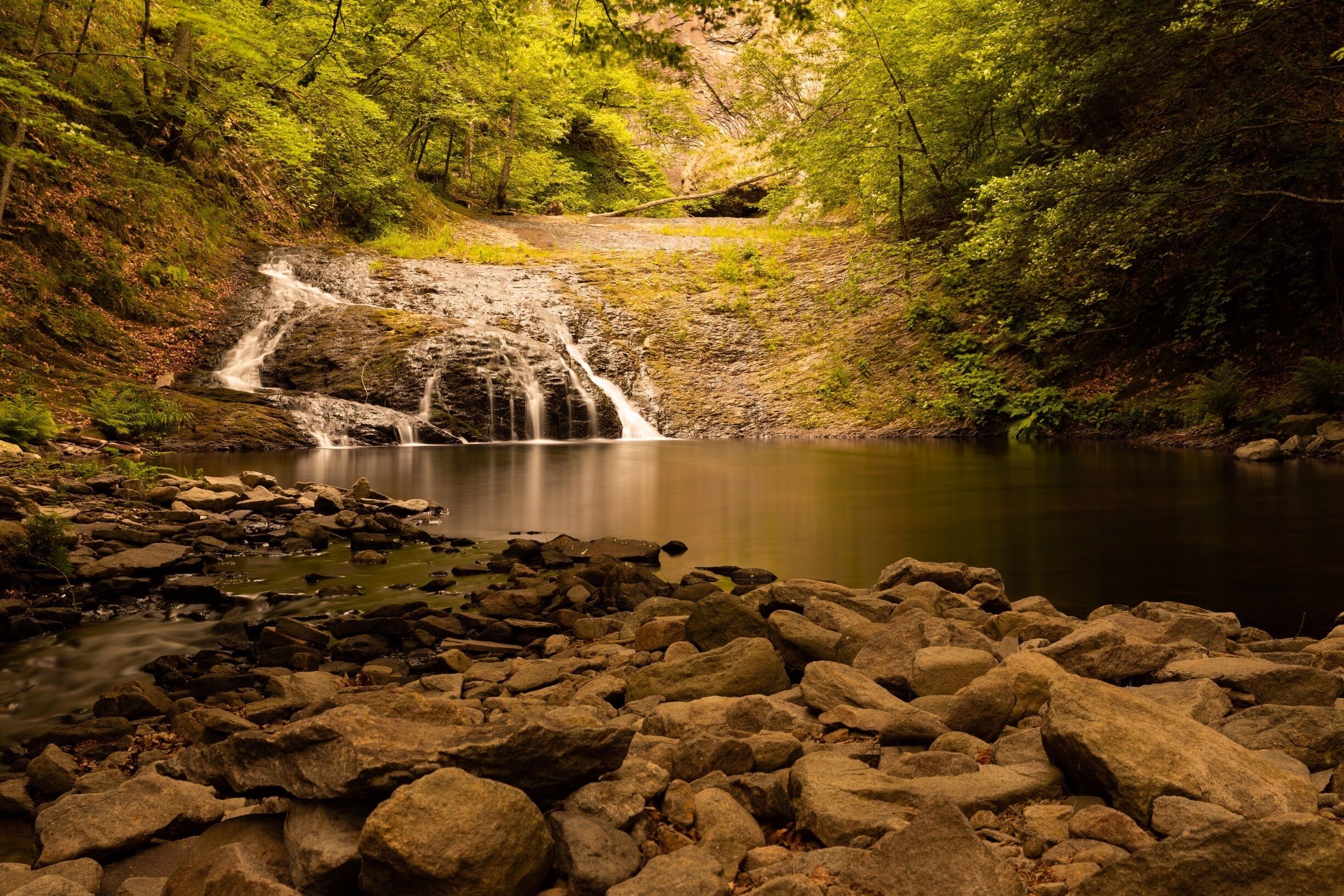 A waterfall cascading into a calm lake surrounded by rocky terrain and dense forest.