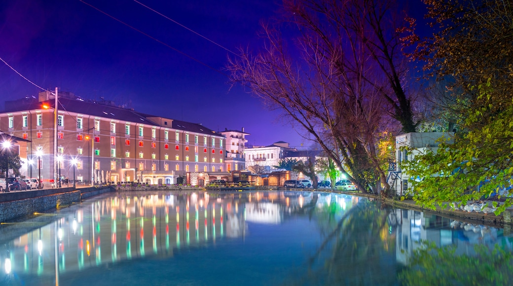 A nighttime view of a calm water body reflecting illuminated buildings and a tree with autumn leaves.