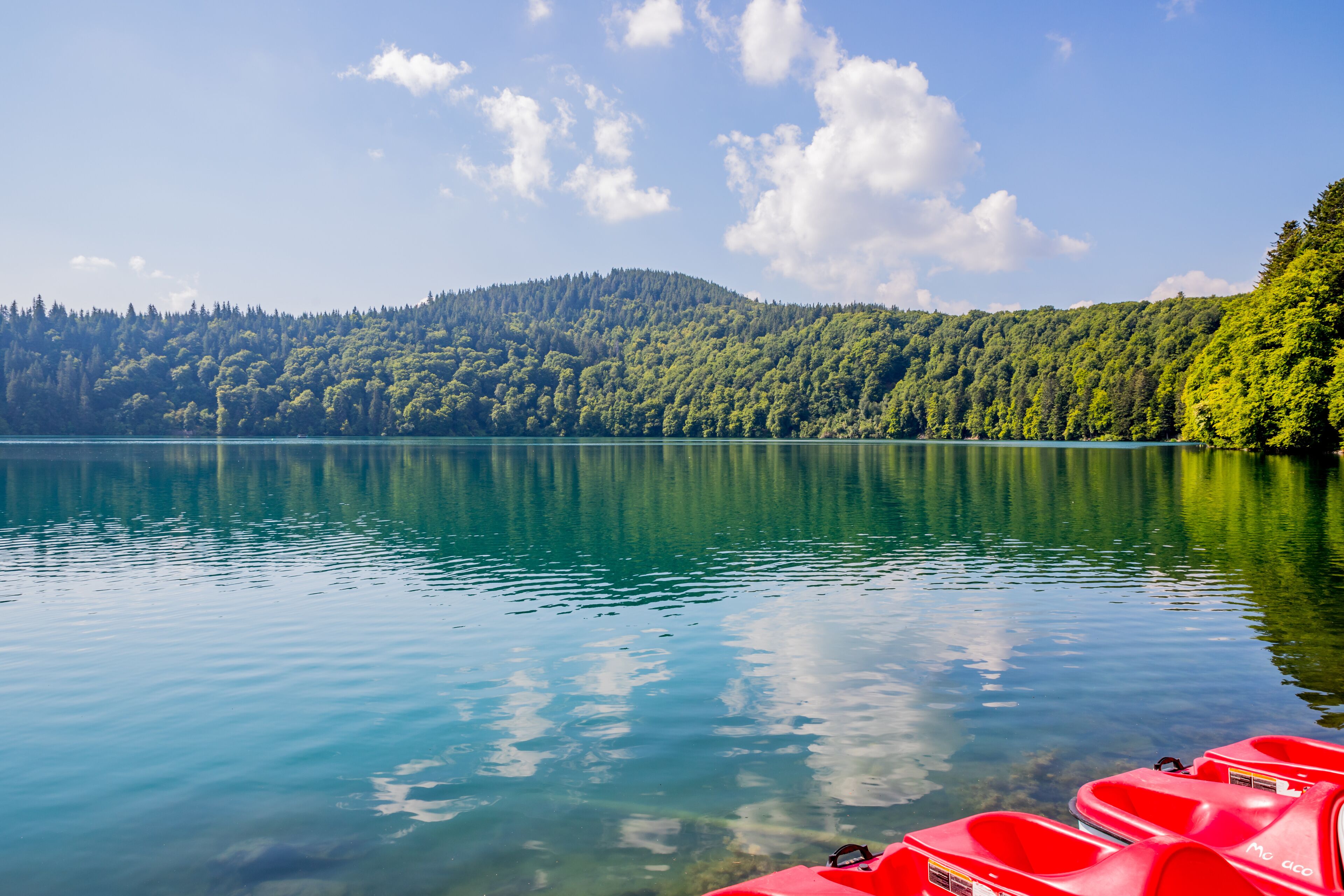 A calm lake with clear water reflecting the sky and surrounding forest.