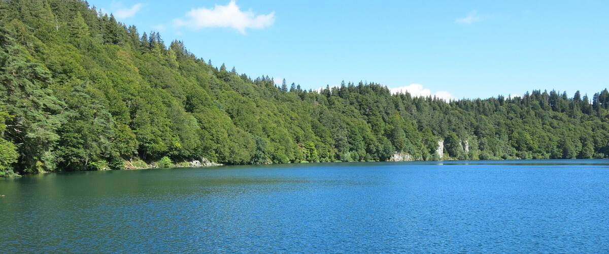 Blue colour of the Pavin lake (Puy-de-Dôme, France).