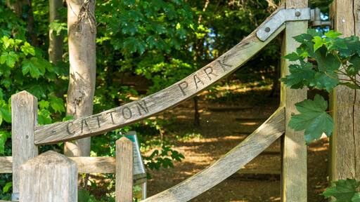 Rustic wooden gate entrance to Carlton Park with weathered fence leading to forest trail. Charming country park gateway with natural woodland path, green foliage and dappled sunlight background.