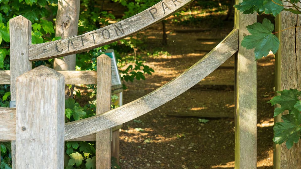 A wooden gate with 'CATTON PARK' written on it, surrounded by greenery.
