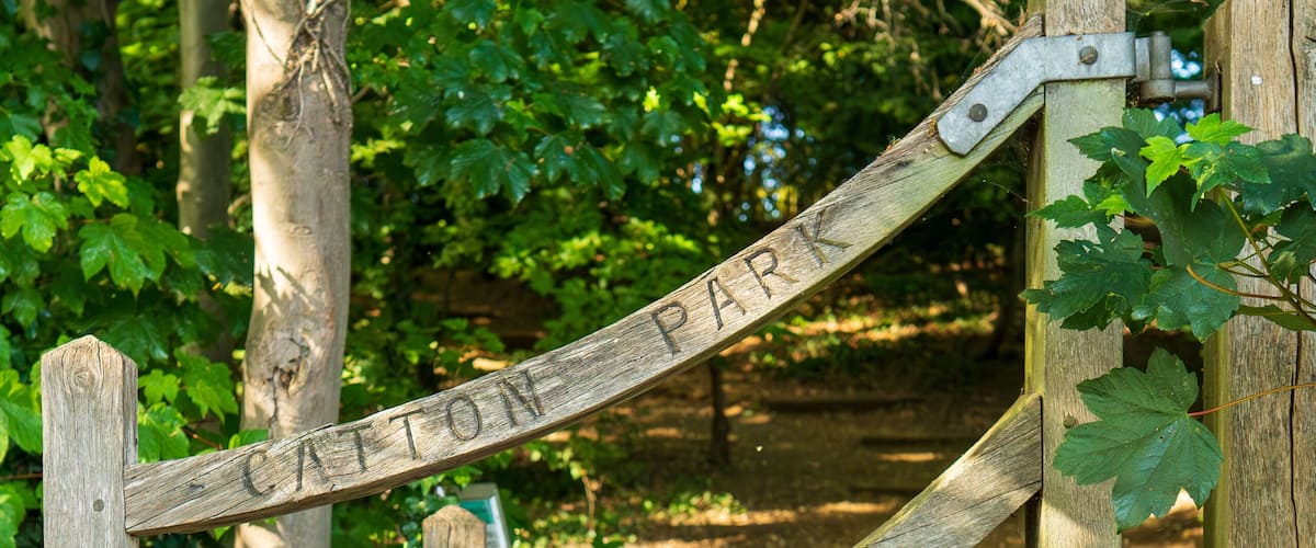 A wooden gate with 'CATTON PARK' written on it, surrounded by greenery.
