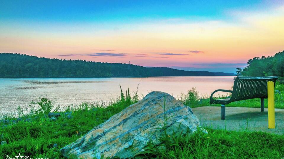 A lakeside bench with a large rock in the foreground, surrounded by greenery and a forested hill in the background.