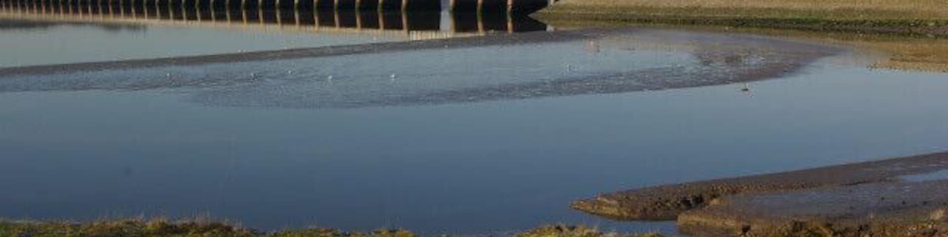 Kent Estuary, Arnside The 50 piers of the railway viaduct dominate the estuary at Arnside; note how the semaphore signal is reflected in the water on this cold but very clear day.