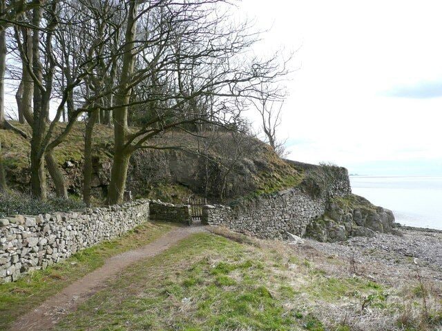 A coastal path with a stone wall, trees, and a view of the sea.
