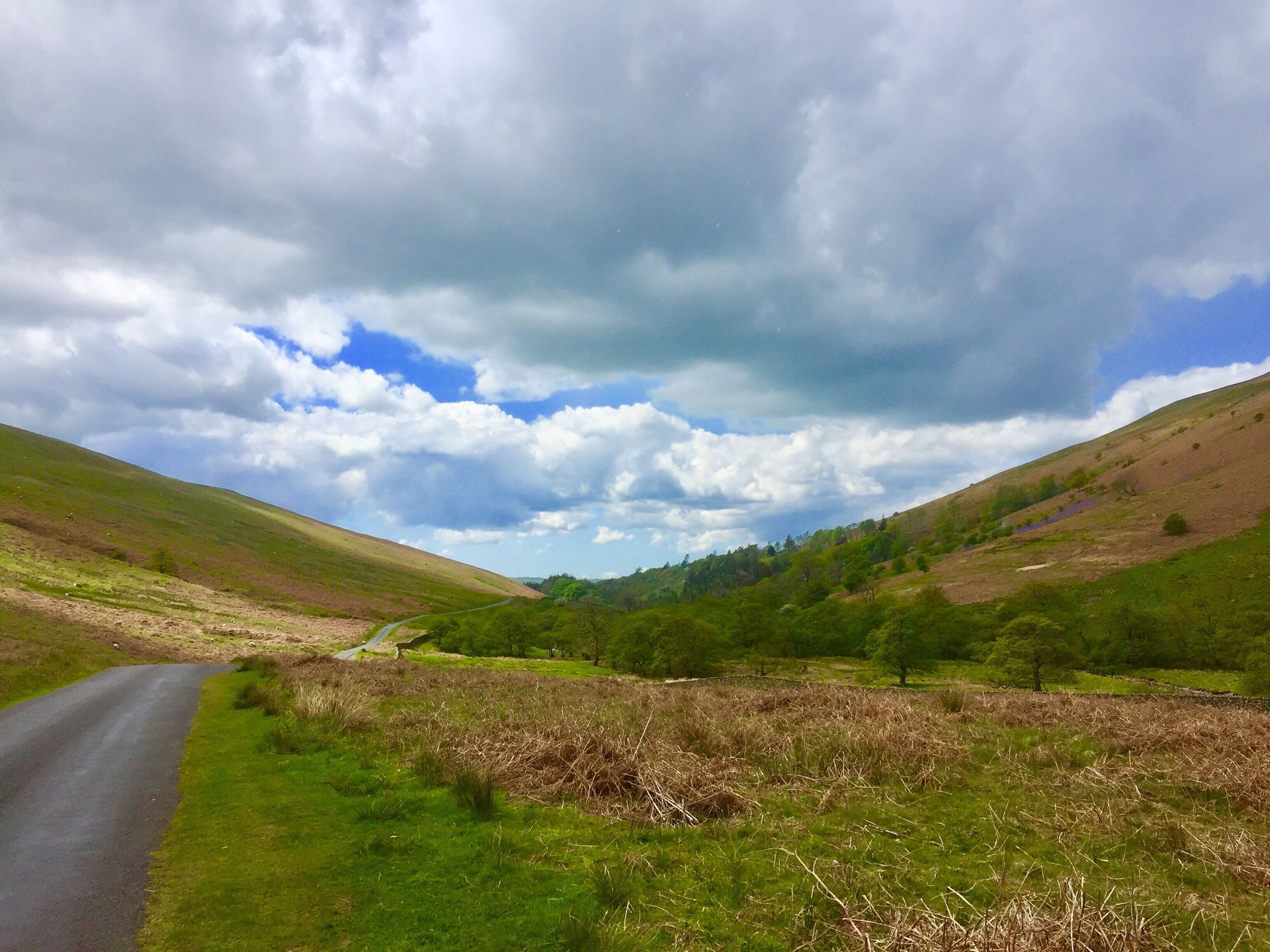 A rural landscape with a winding road, green fields, and rolling hills under a partly cloudy sky.