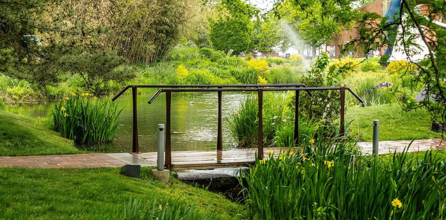 Un jardín tranquilo con un puente de madera sobre un estanque, rodeado de exuberante follaje y plantas en flor.