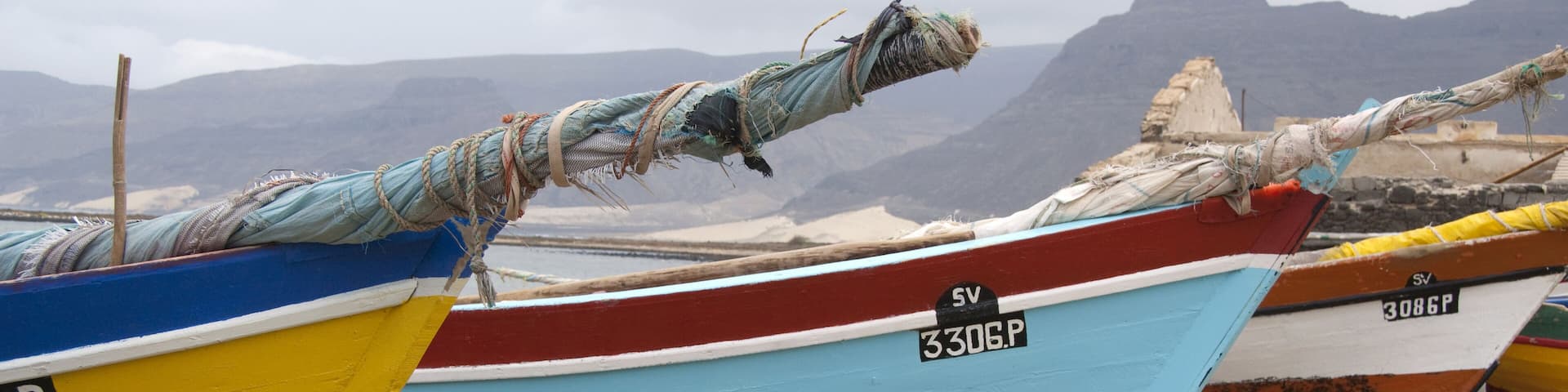 Colorful fishing boats on beach, Mindelo, Sao Vicente Island, Cape Verde Islands