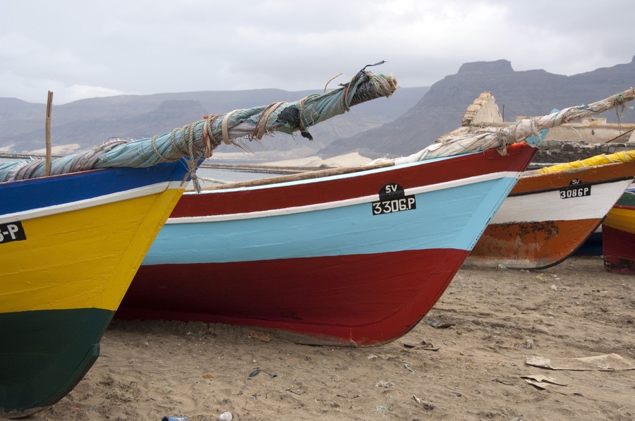 Colorful fishing boats on beach, Mindelo, Sao Vicente Island, Cape Verde Islands