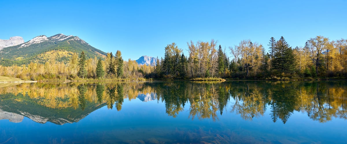 A calm lake reflecting trees and mountains.