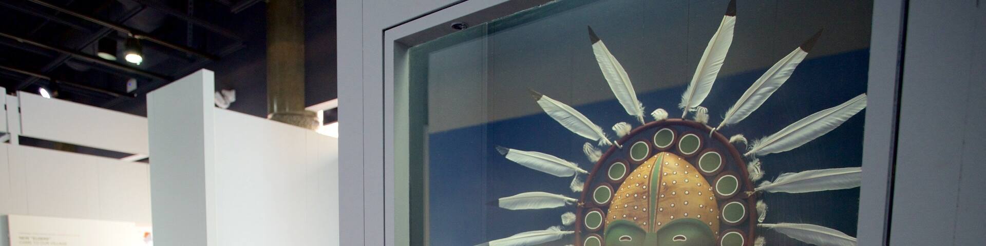 A museum exhibit with a large glass display case containing a Native American headdress and a mountain landscape.