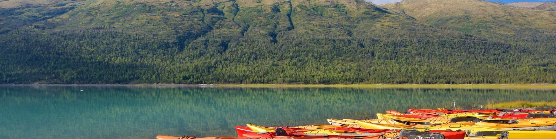 Eklutna Lake showing a lake or waterhole and kayaking or canoeing