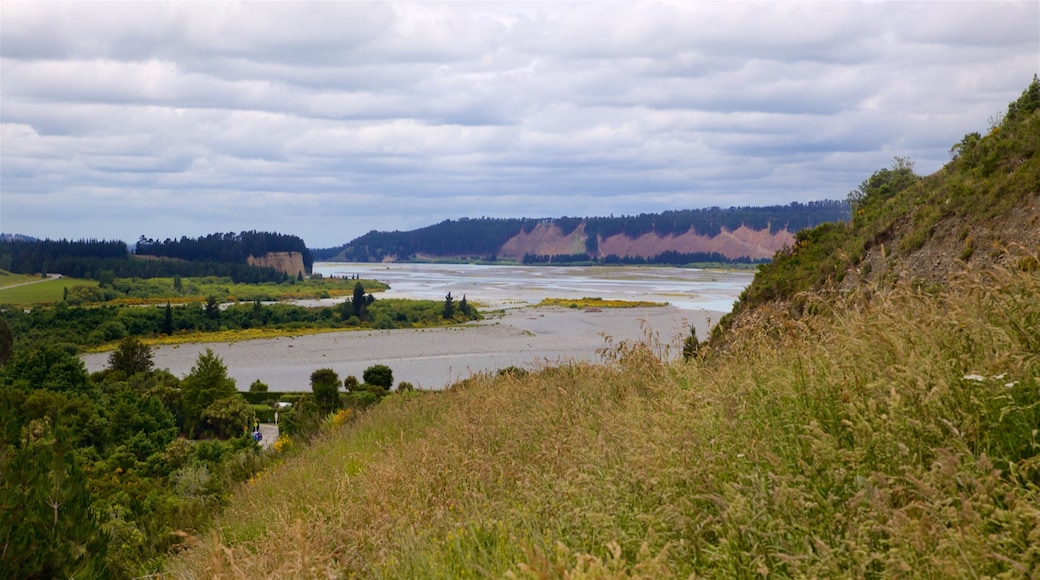 Rakaia-juvet som inkluderer rolig landskap og innsjø