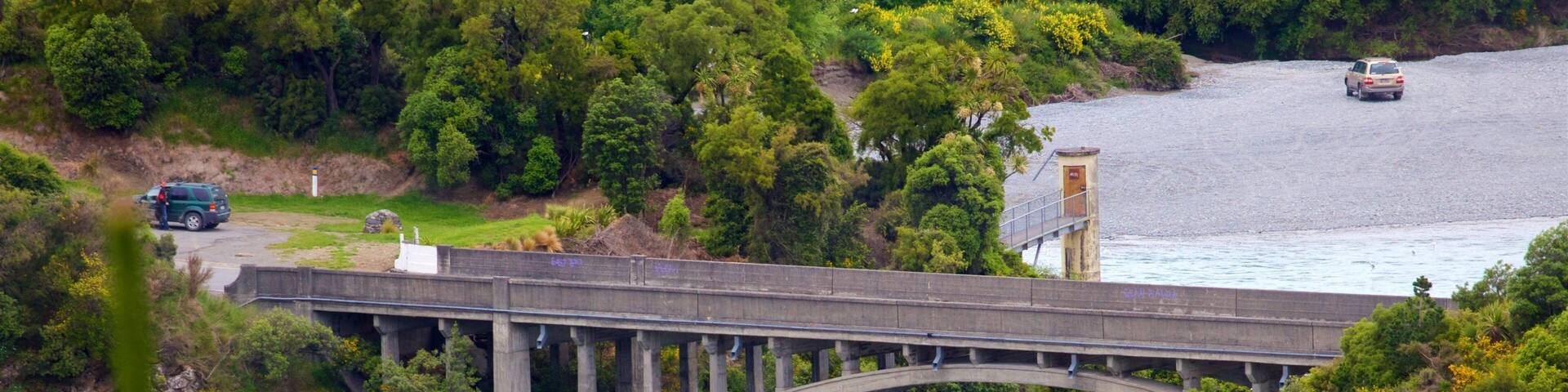 Rakaia Gorge showing a bridge and a river or creek