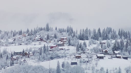 Winter mountain village landscape with snow and cute little houses, beautiful nature panoramic image