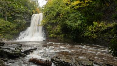 A waterfall cascading over rocks in a forested area.