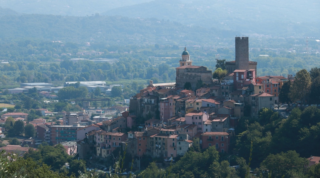 Village of Arcola with the pentagonal tower and in the background the valley of the Magra river and the Apuan Alps.