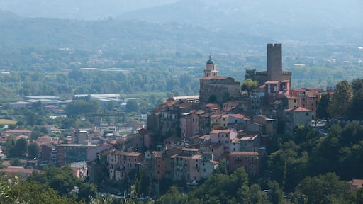 Village of Arcola with the pentagonal tower and in the background the valley of the Magra river and the Apuan Alps.