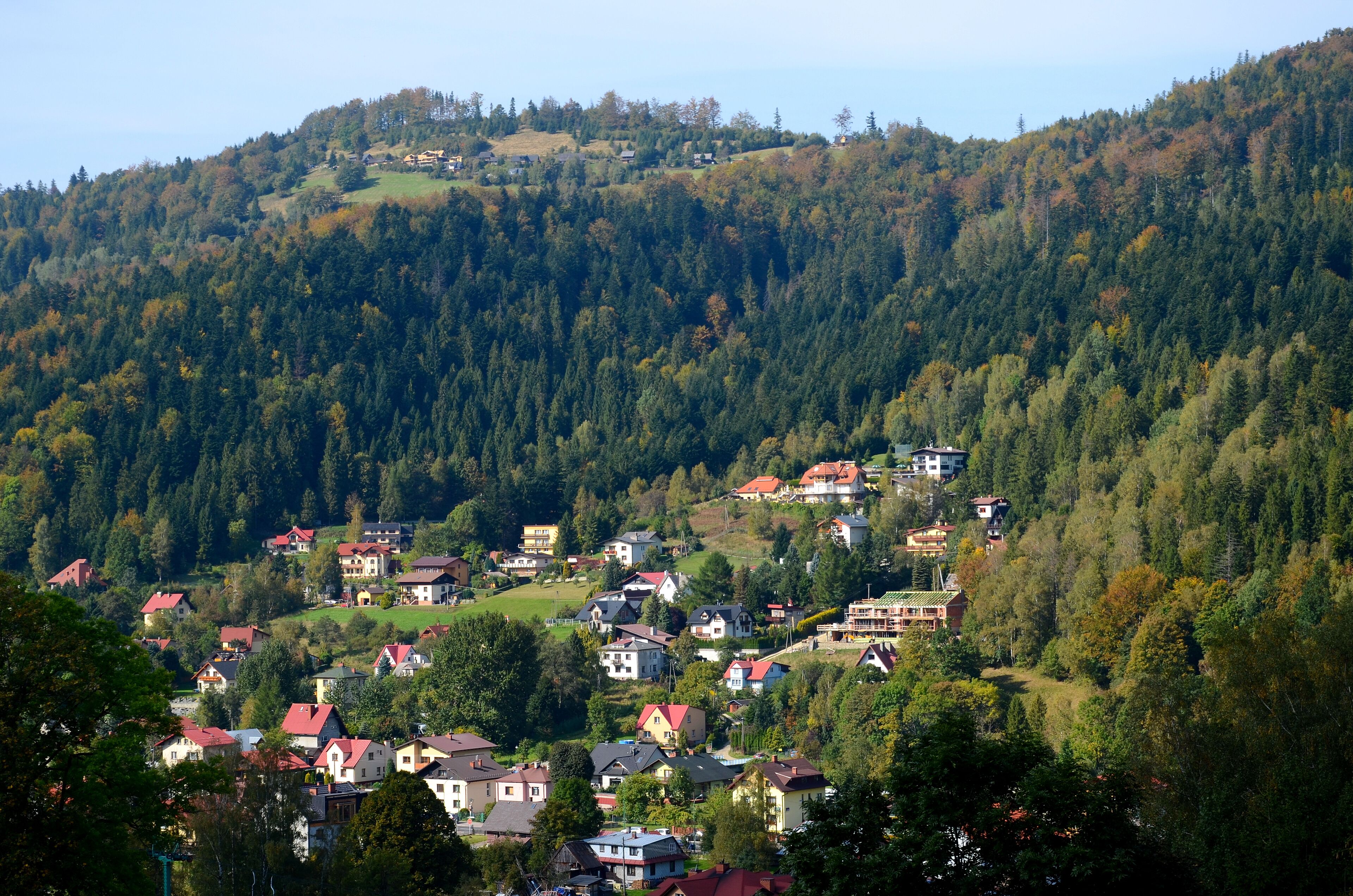 A hillside village with houses nestled among dense forests.