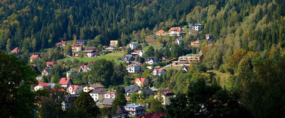 A hillside village with houses nestled among dense forests.