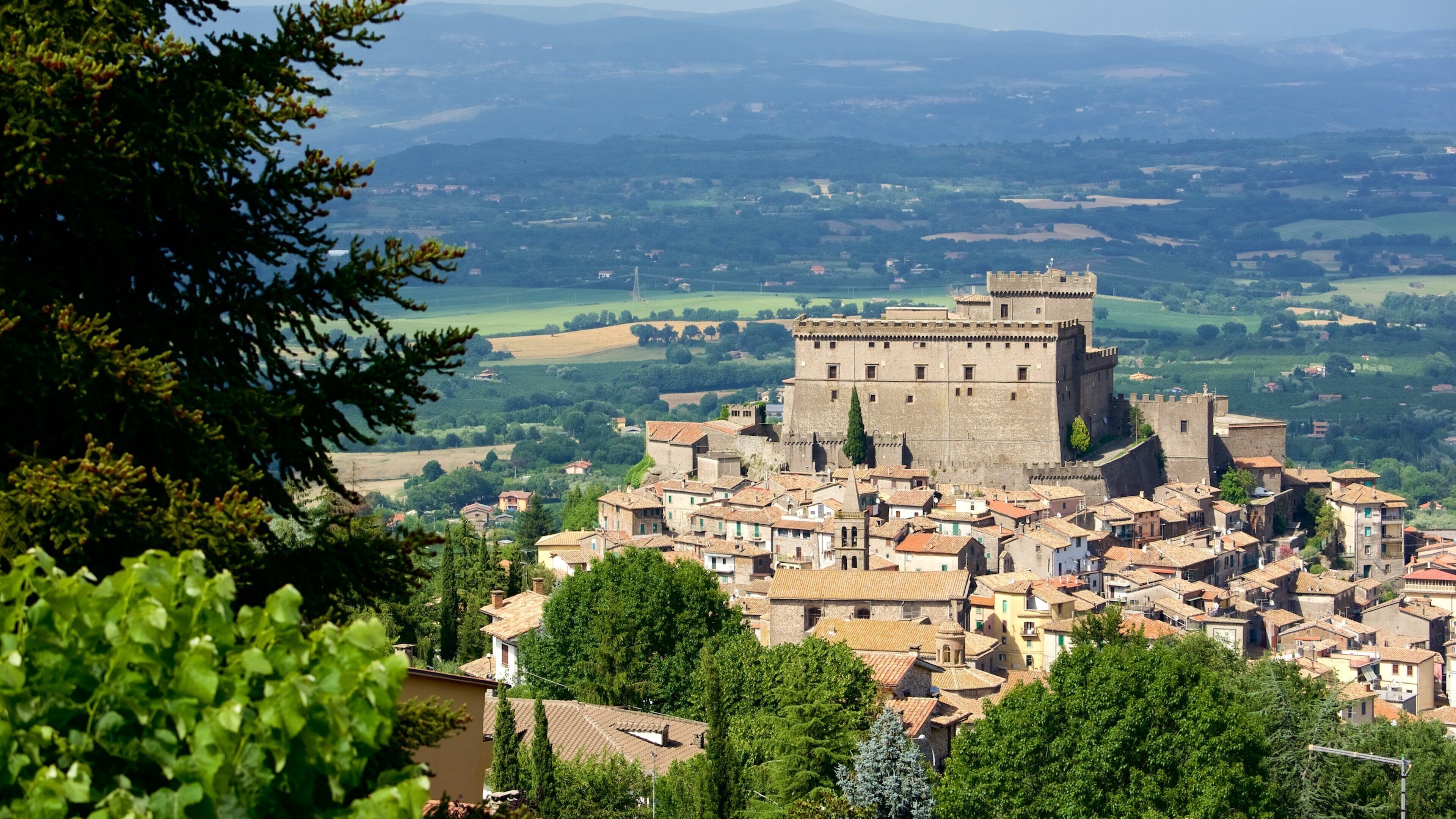 A medieval castle atop a hill overlooking a historic town with terracotta-roofed buildings.