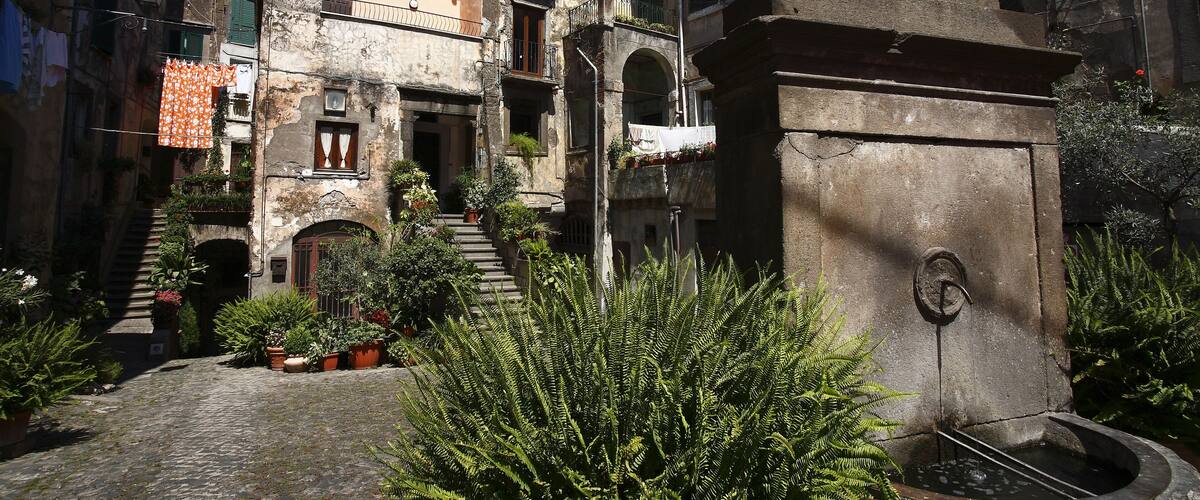 A cobblestone alley with old buildings, a fountain, and potted plants.
