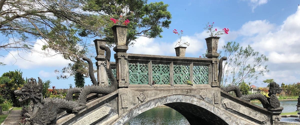 A stone bridge with dragon sculptures and a pond.