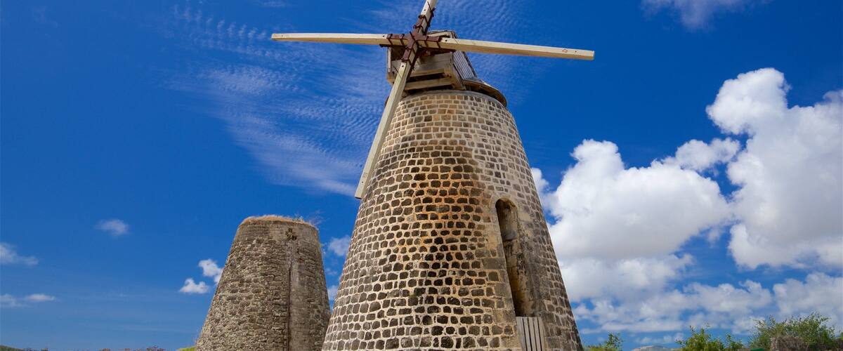 Betty\'s Hope Sugar Plantation showing heritage elements and a windmill