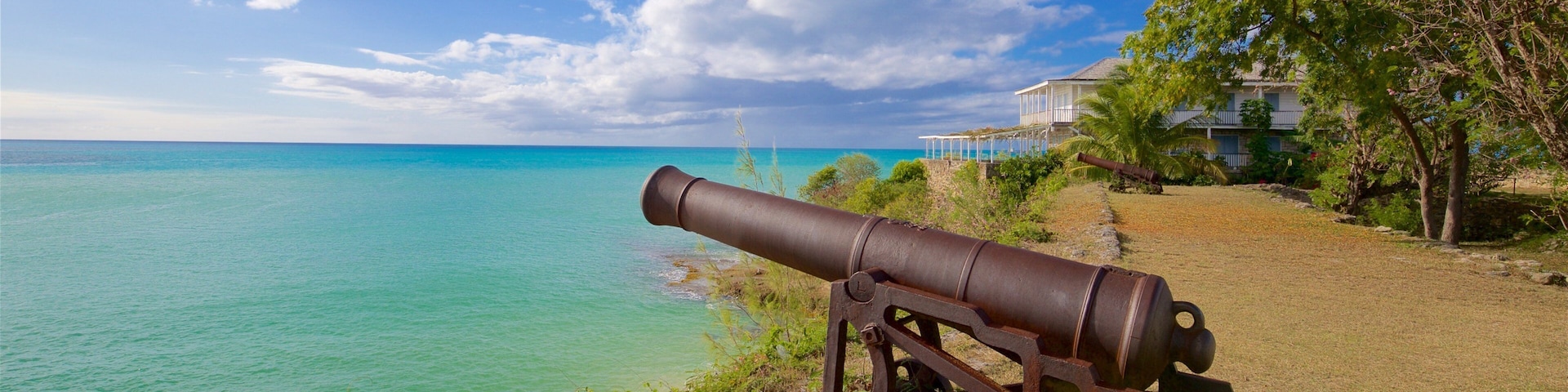 Fort James showing heritage elements, military items and general coastal views