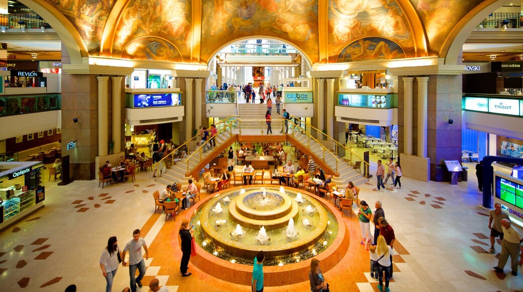 Florida Street showing a fountain and interior views as well as a large group of people