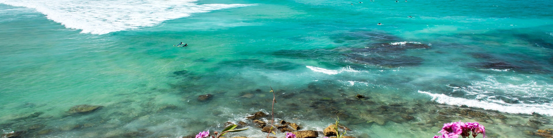 Un pueblo costero con aguas turquesas cristalinas, un litoral rocoso y flores rosadas en primer plano.