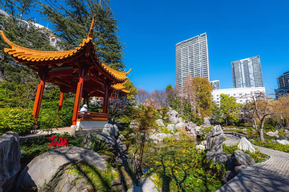 A traditional Chinese pavilion, a koi pond, and modern high-rise buildings.
