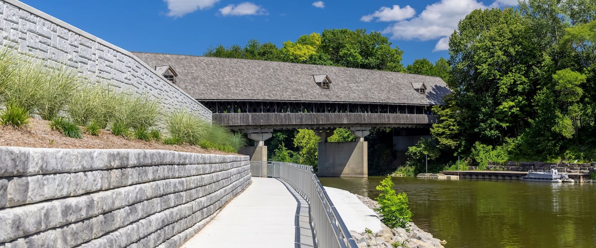 Covered bridge in Frankenmuth, Michigan over Cass river