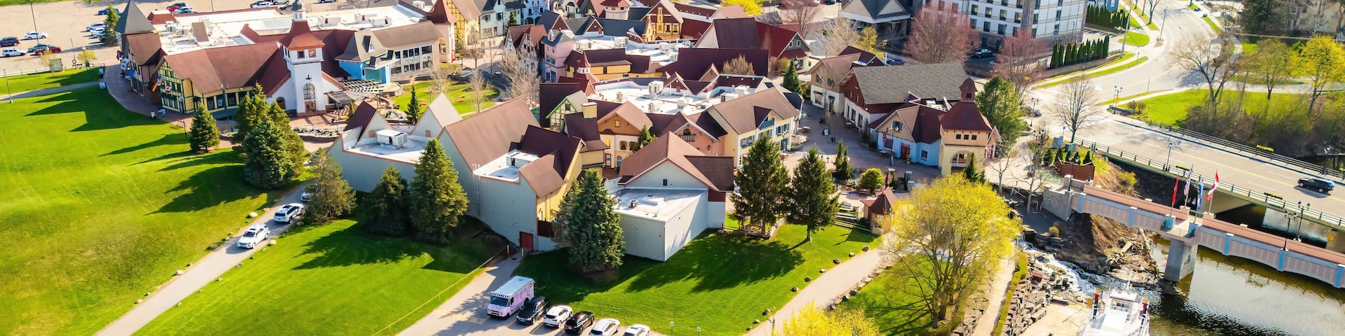 Frankenmuth Aerial View Along River on Sunny Day