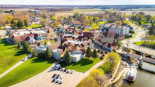 Frankenmuth Aerial View Along River on Sunny Day