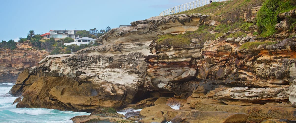 Tamarama Beach which includes a beach, general coastal views and rugged coastline