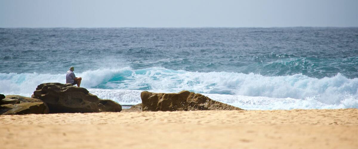 Tamarama Beach toont algemene kustgezichten en een zandstrand en ook een man
