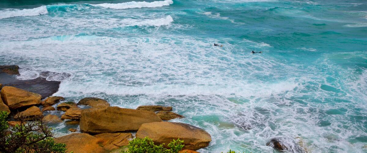 Tamarama Beach which includes rugged coastline, surf and general coastal views