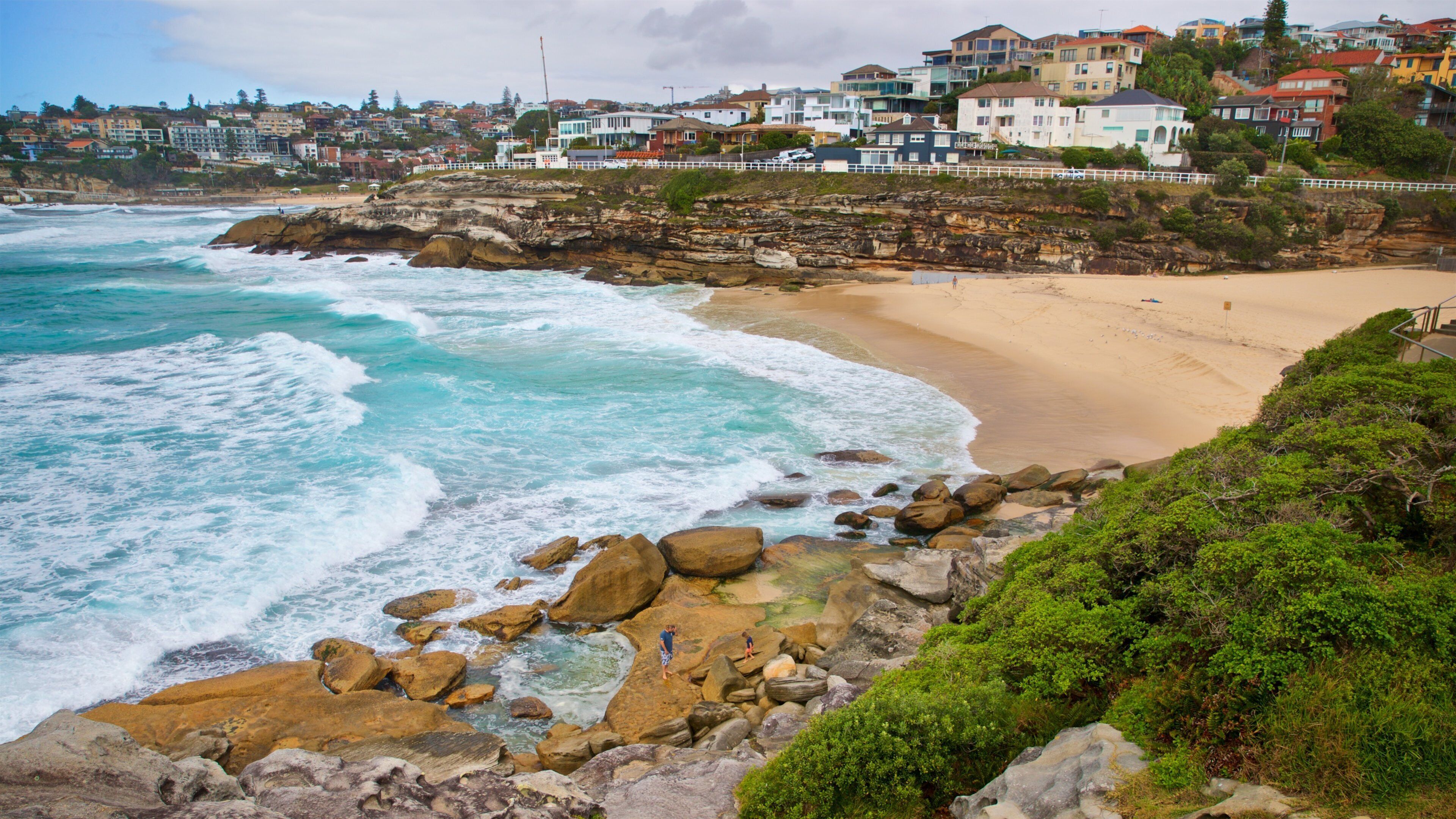 Playa de Tamarama que incluye una ciudad costera, vistas generales de la costa y una playa de arena