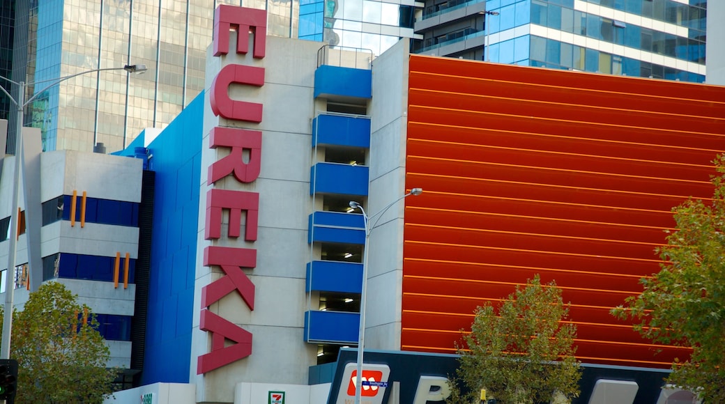 Eureka Tower which includes signage, a city and modern architecture