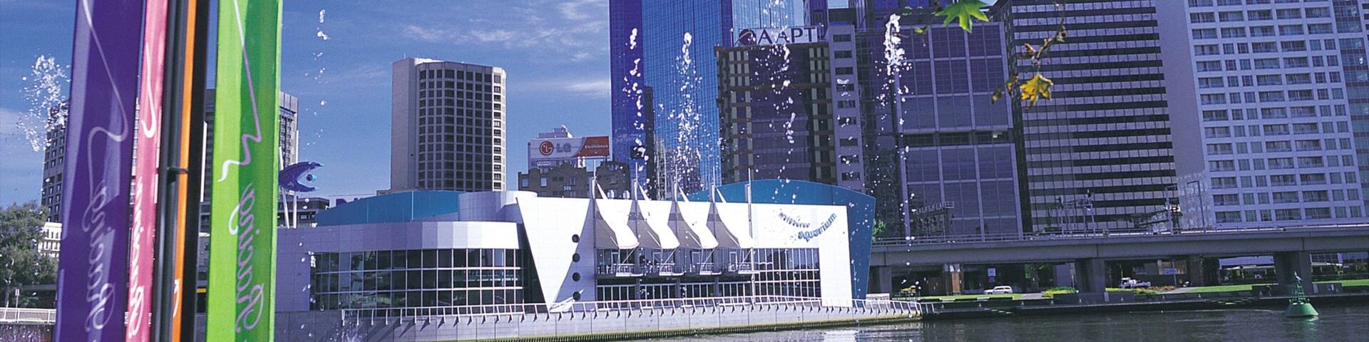 Melbourne Aquarium showing a high-rise building, a city and marine life